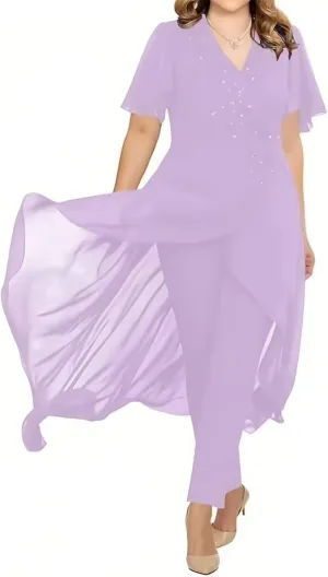 Lace Chiffon Mother of The Bride Pantsuits 2 Pieces Formal Pants Suits V Neck Mother of The Bride Dress