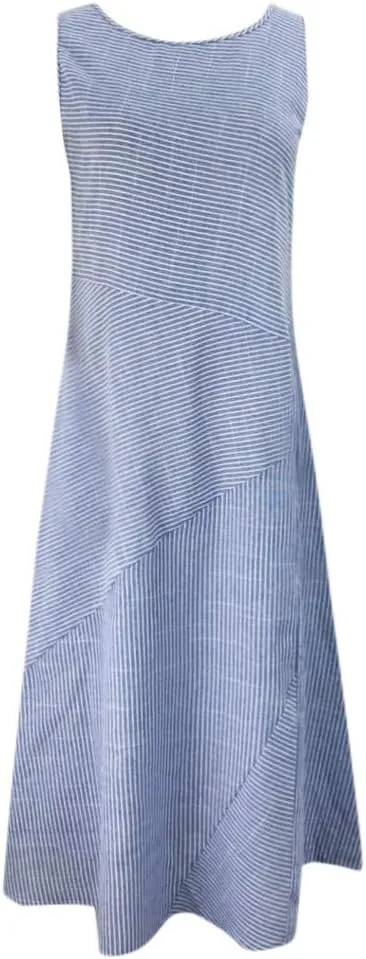 Linen Dresses for Women Summer Striped Sleeveless Crewneck Midi Dresses Casual Tshirt Dress with Pockets