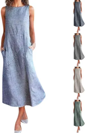 Linen Dresses for Women Summer Striped Sleeveless Crewneck Midi Dresses Casual Tshirt Dress with Pockets