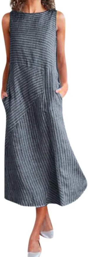 Linen Dresses for Women Summer Striped Sleeveless Crewneck Midi Dresses Casual Tshirt Dress with Pockets