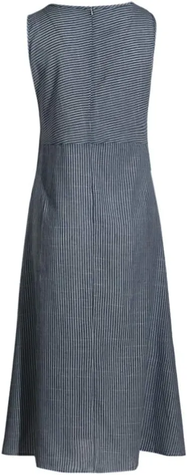 Linen Dresses for Women Summer Striped Sleeveless Crewneck Midi Dresses Casual Tshirt Dress with Pockets
