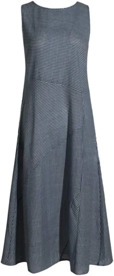 Linen Dresses for Women Summer Striped Sleeveless Crewneck Midi Dresses Casual Tshirt Dress with Pockets