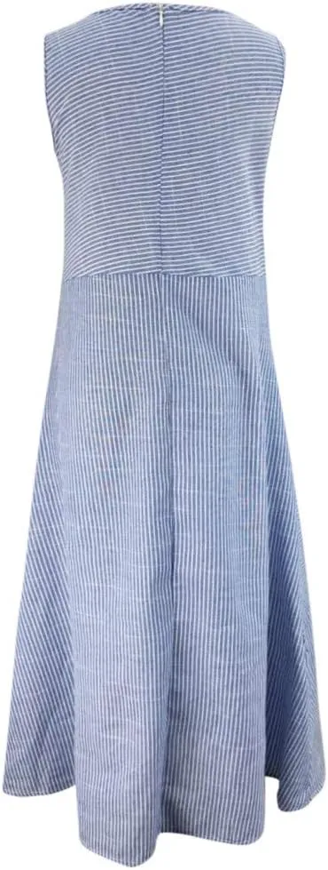 Linen Dresses for Women Summer Striped Sleeveless Crewneck Midi Dresses Casual Tshirt Dress with Pockets