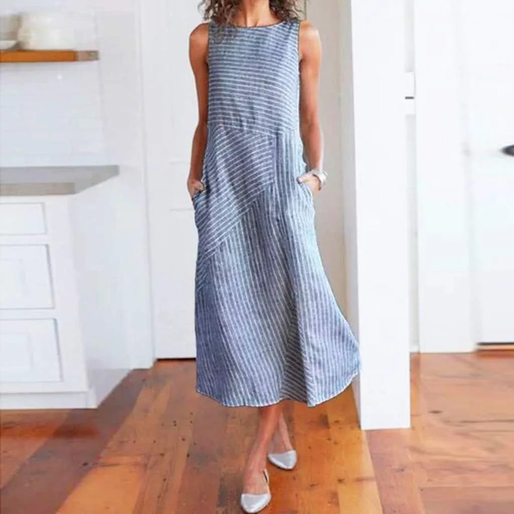 Linen Dresses for Women Summer Striped Sleeveless Crewneck Midi Dresses Casual Tshirt Dress with Pockets