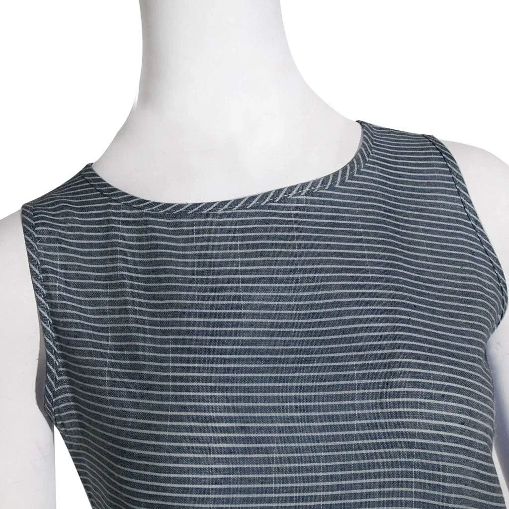 Linen Dresses for Women Summer Striped Sleeveless Crewneck Midi Dresses Casual Tshirt Dress with Pockets