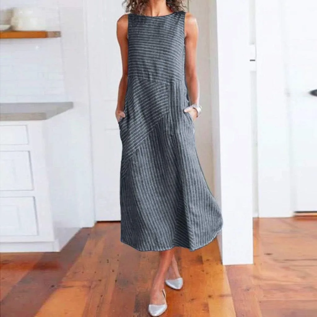 Linen Dresses for Women Summer Striped Sleeveless Crewneck Midi Dresses Casual Tshirt Dress with Pockets