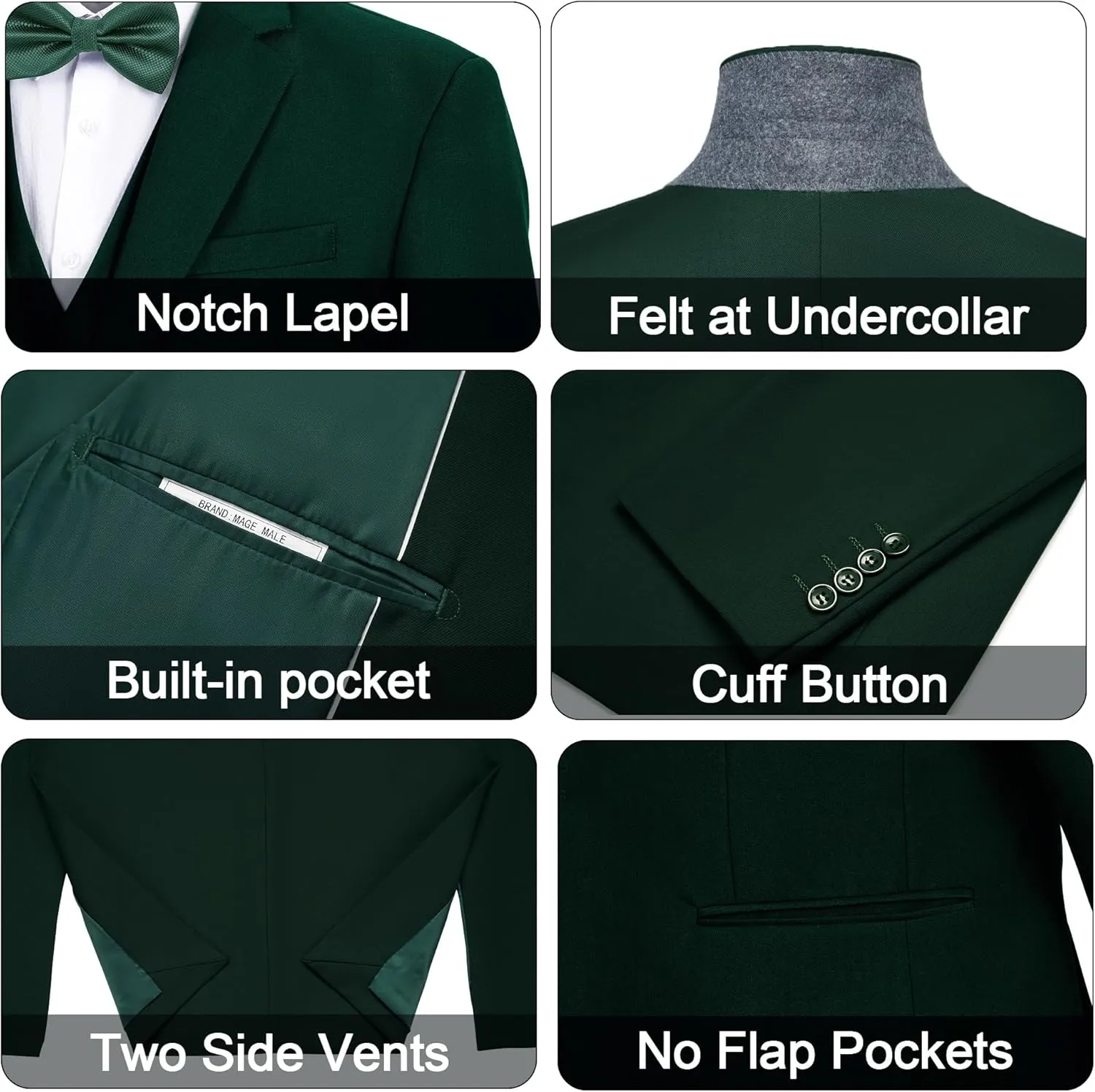 MAGE MALE Men's 3 Pieces Solid One Button Suit Elegant Slim Fit Single Breasted Party Tuxedo Blazer Vest Pants Set