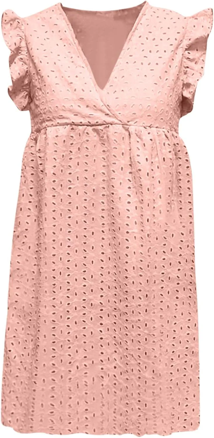 Maxi Dresses for Women 2024 Flowy Petite Mini Fairy V Neck Dress Ruffle Hollow Out Graduation Summer Cute Sundress
