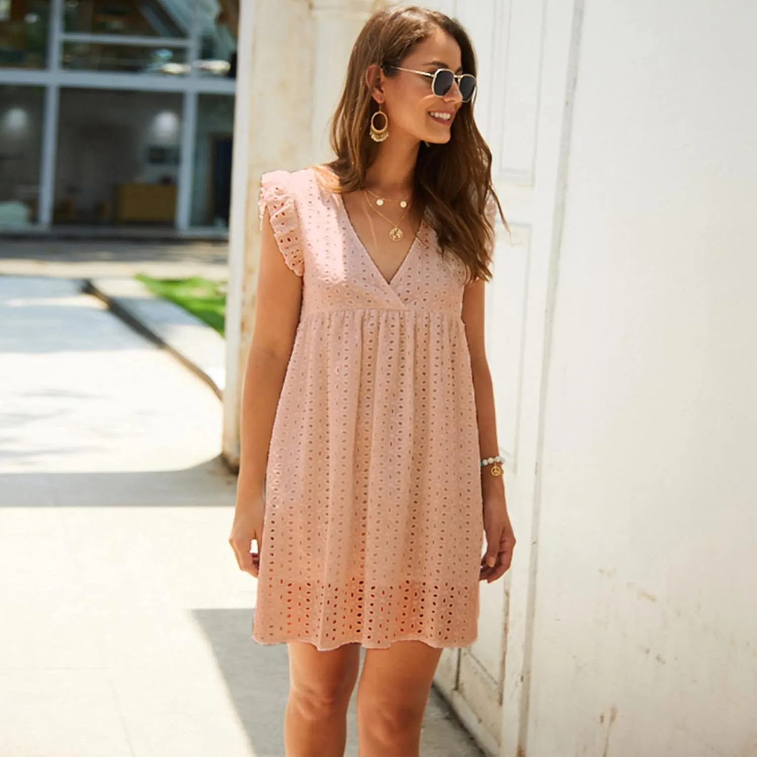 Maxi Dresses for Women 2024 Flowy Petite Mini Fairy V Neck Dress Ruffle Hollow Out Graduation Summer Cute Sundress