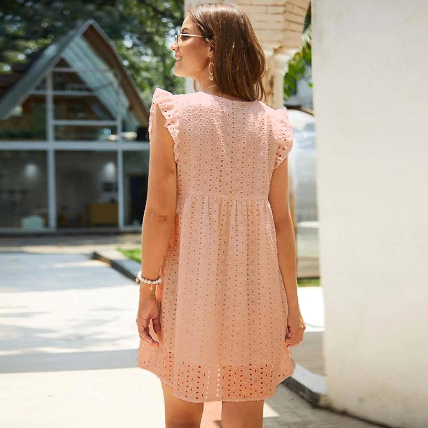 Maxi Dresses for Women 2024 Flowy Petite Mini Fairy V Neck Dress Ruffle Hollow Out Graduation Summer Cute Sundress