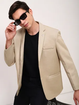 Men Beige Solid Slim Fit Single Breasted Blazer