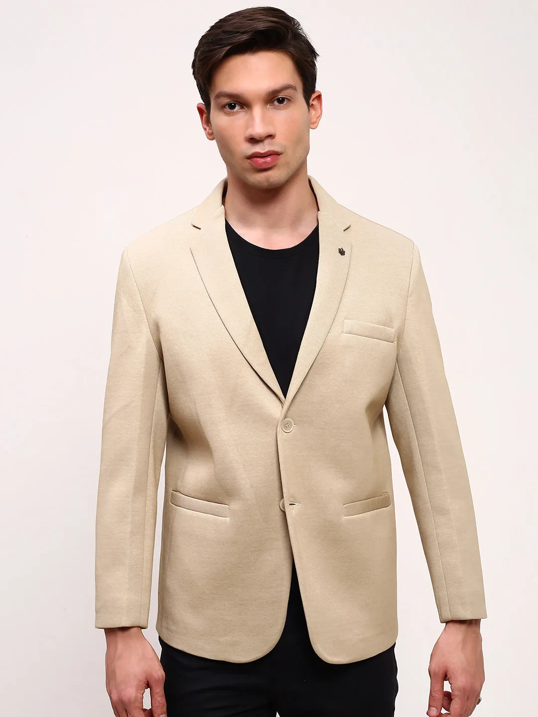 Men Beige Solid Slim Fit Single Breasted Blazer