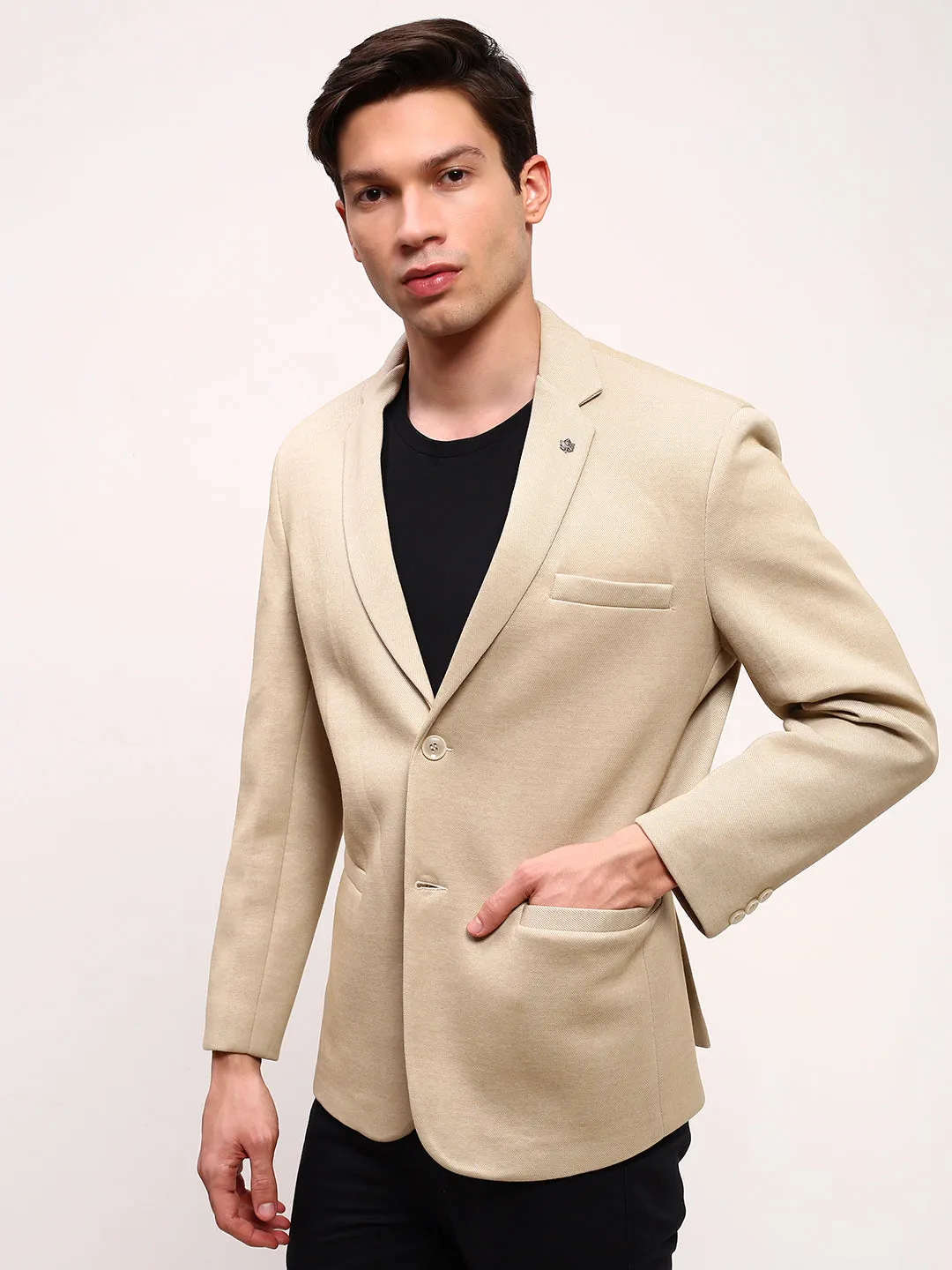 Men Beige Solid Slim Fit Single Breasted Blazer