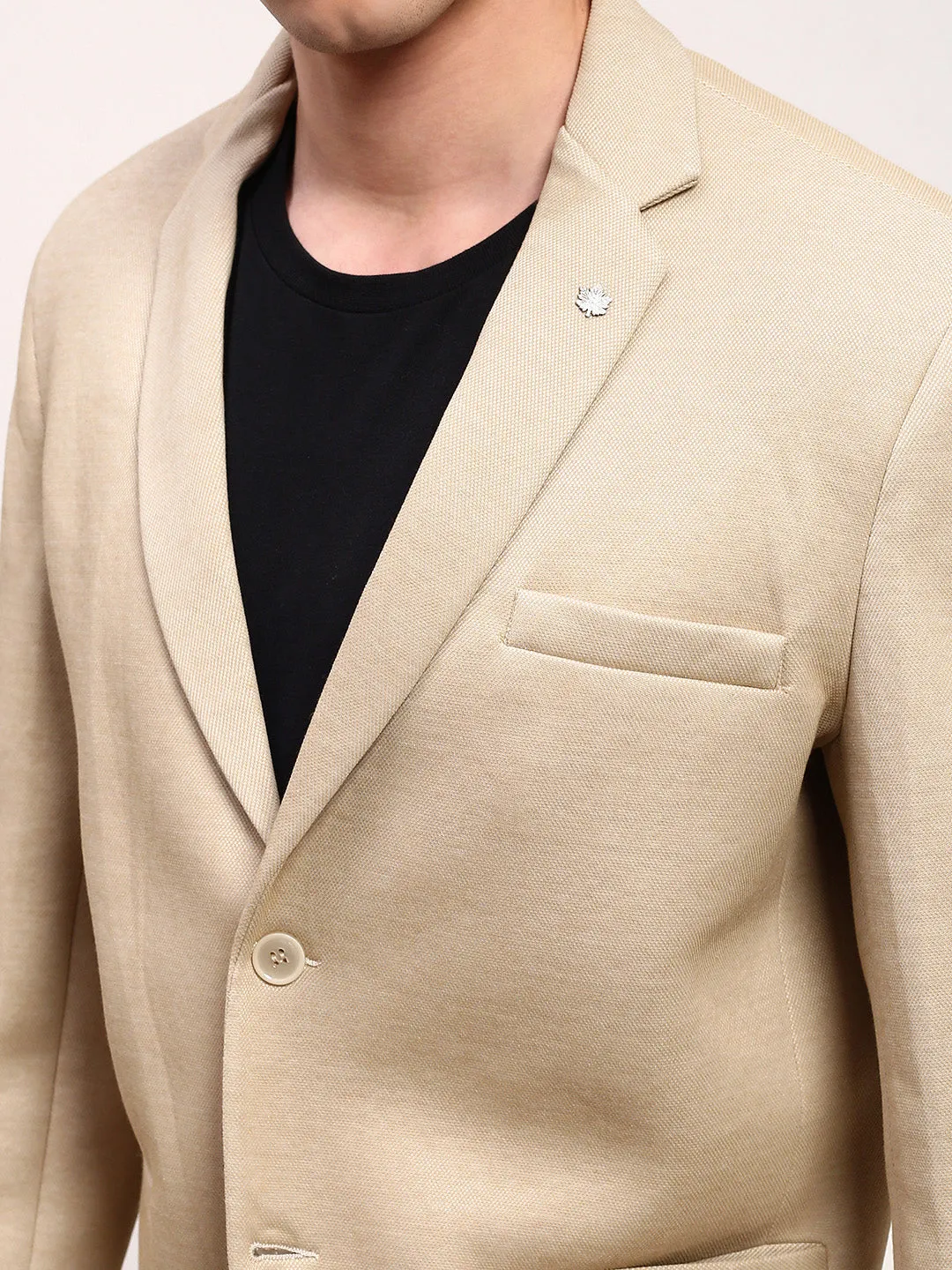Men Beige Solid Slim Fit Single Breasted Blazer