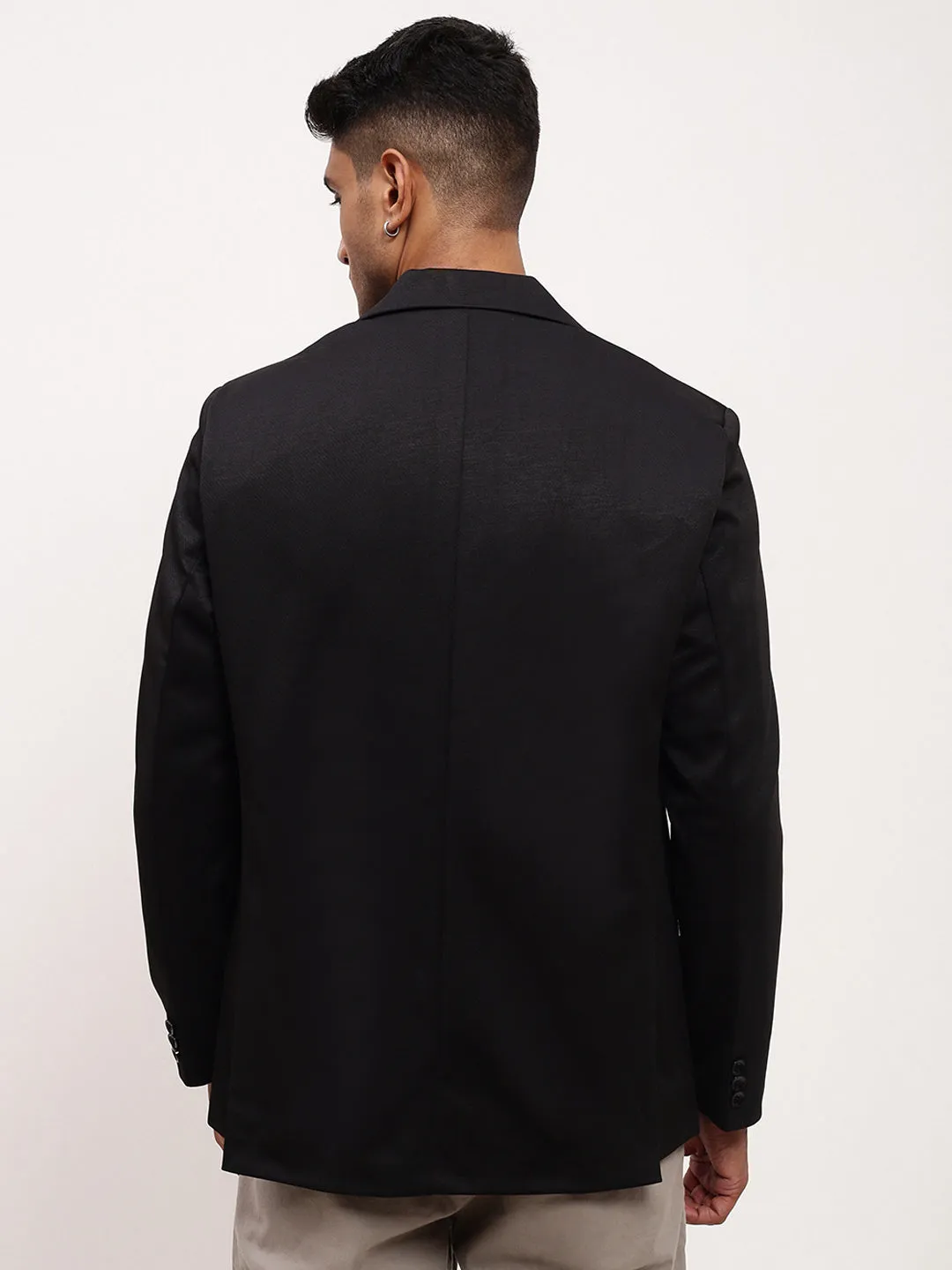 Men Black Solid Self Design Single Breasted Blazer