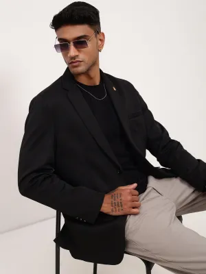Men Black Solid Self Design Single Breasted Blazer