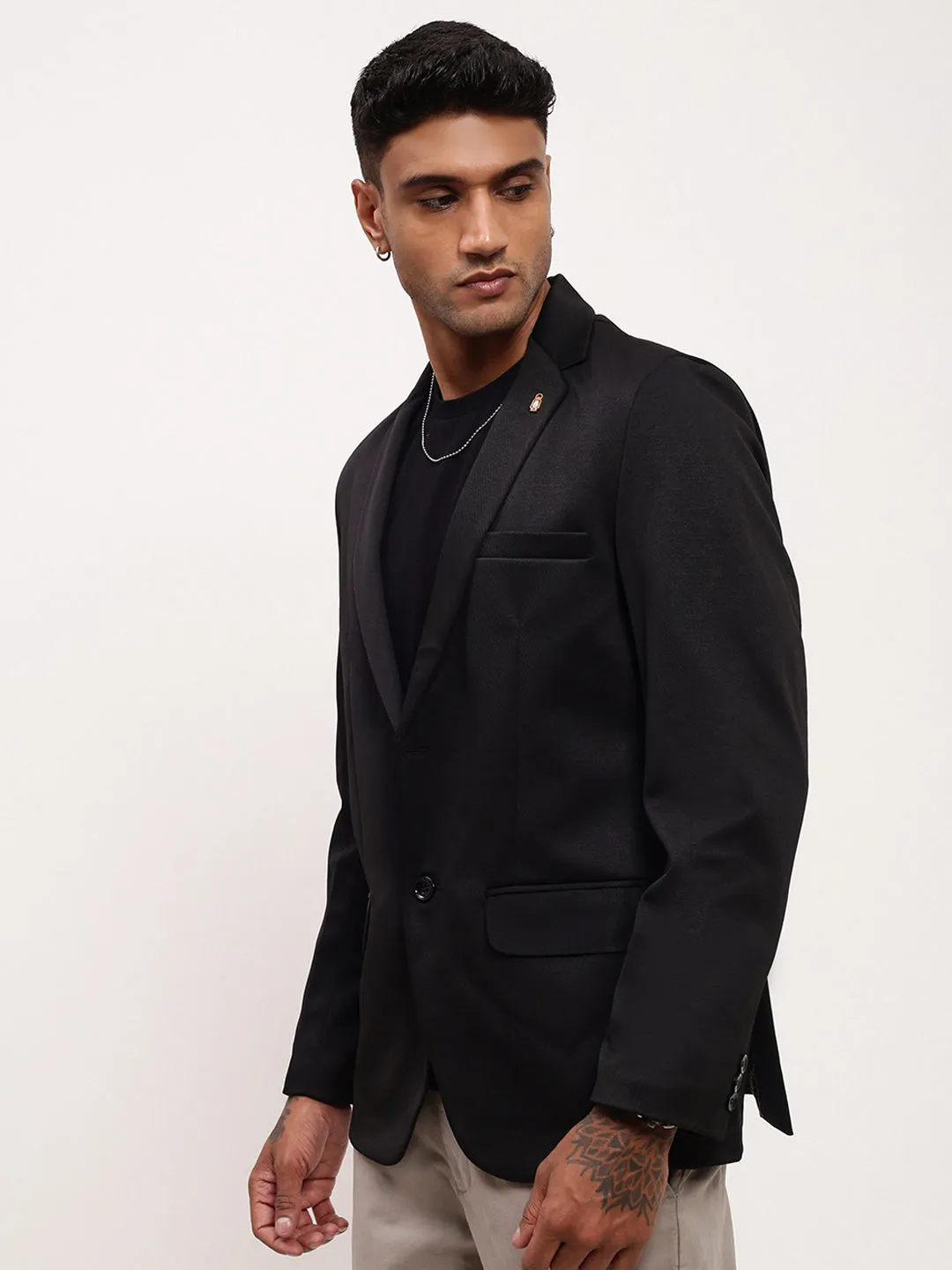Men Black Solid Self Design Single Breasted Blazer