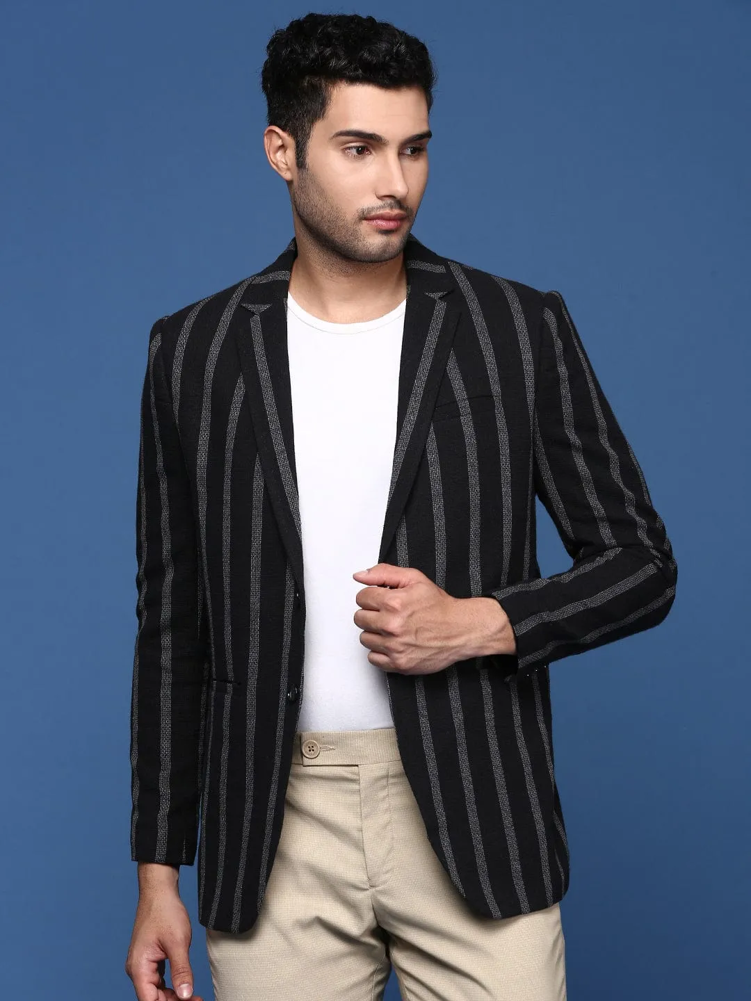 Men Black Striped Single Breasted Slim Fit Blazer
