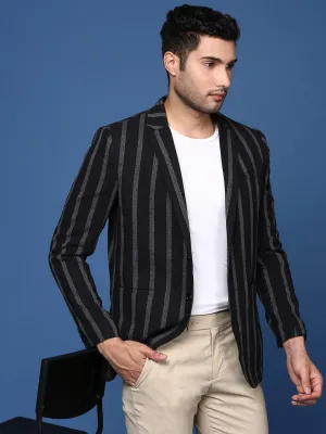 Men Black Striped Single Breasted Slim Fit Blazer