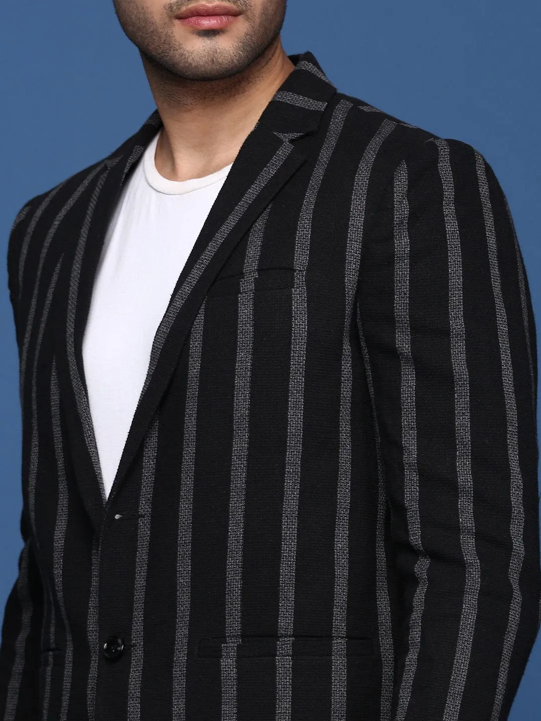 Men Black Striped Single Breasted Slim Fit Blazer