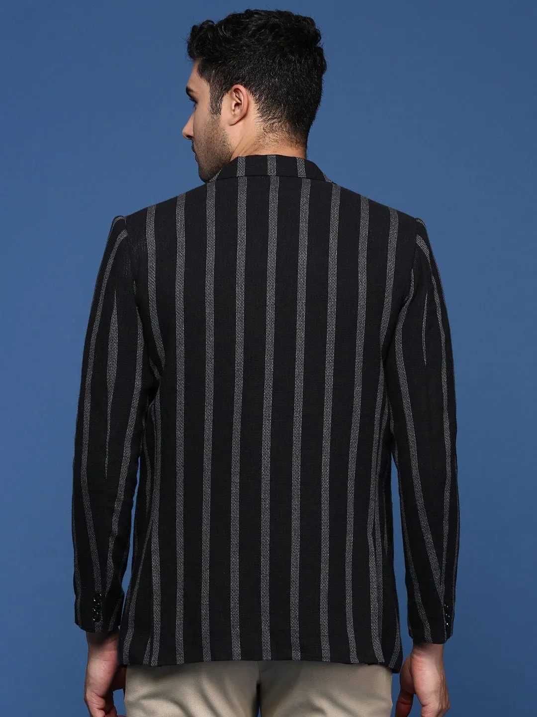 Men Black Striped Single Breasted Slim Fit Blazer