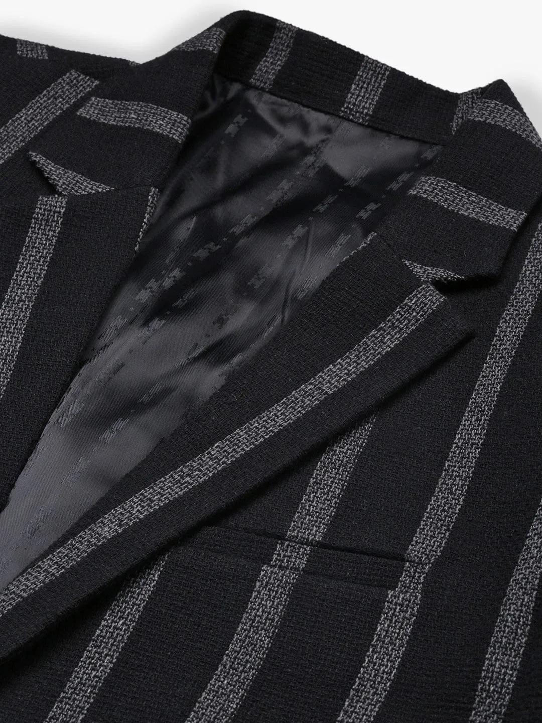 Men Black Striped Single Breasted Slim Fit Blazer