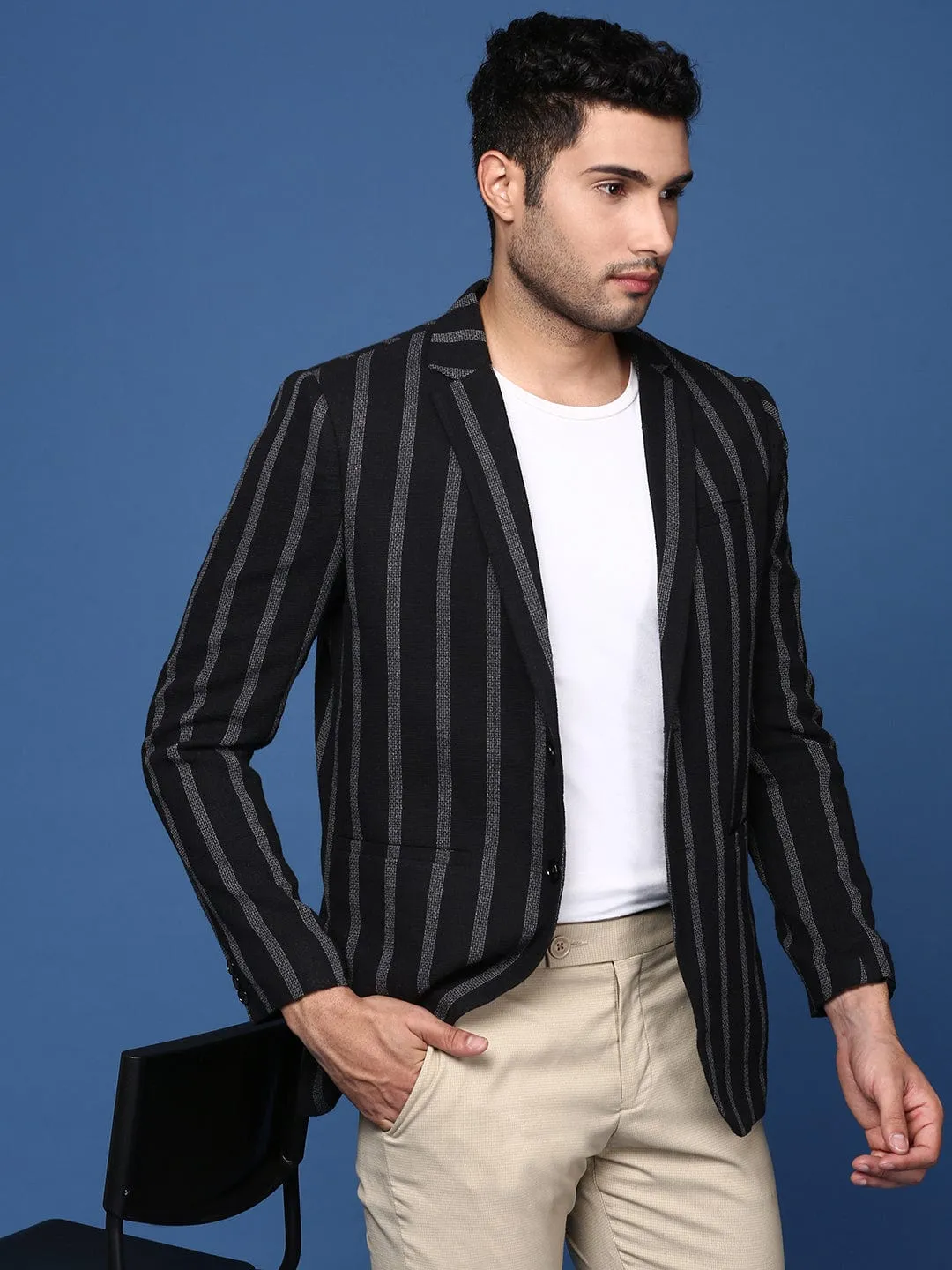Men Black Striped Single Breasted Slim Fit Blazer