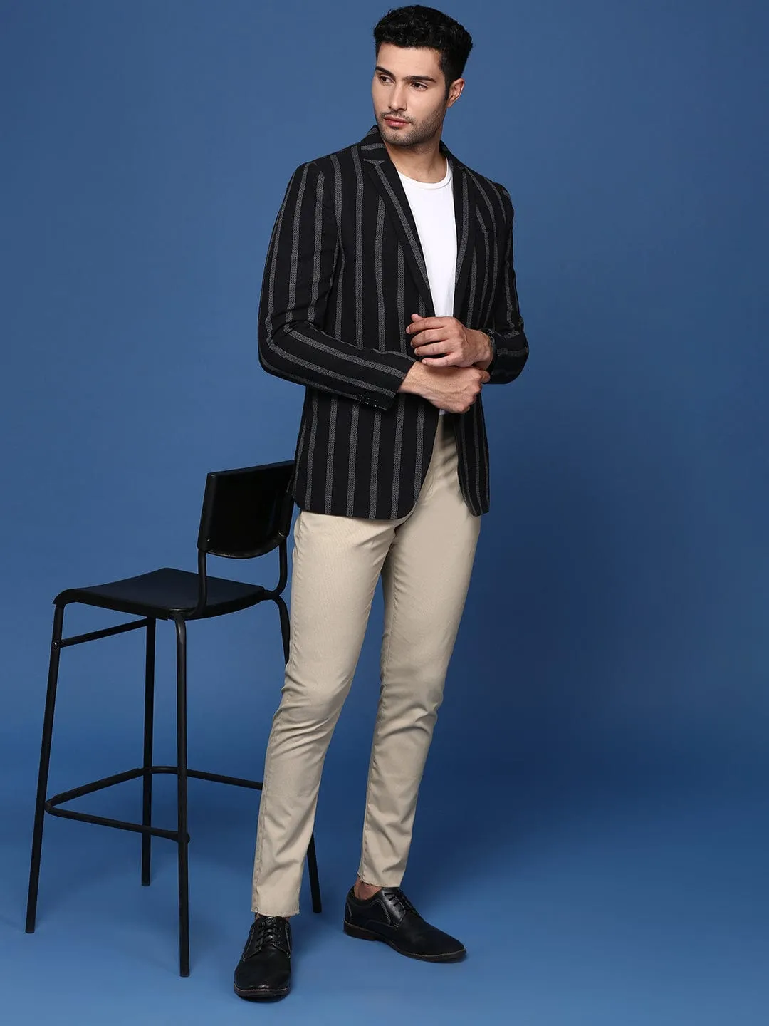 Men Black Striped Single Breasted Slim Fit Blazer