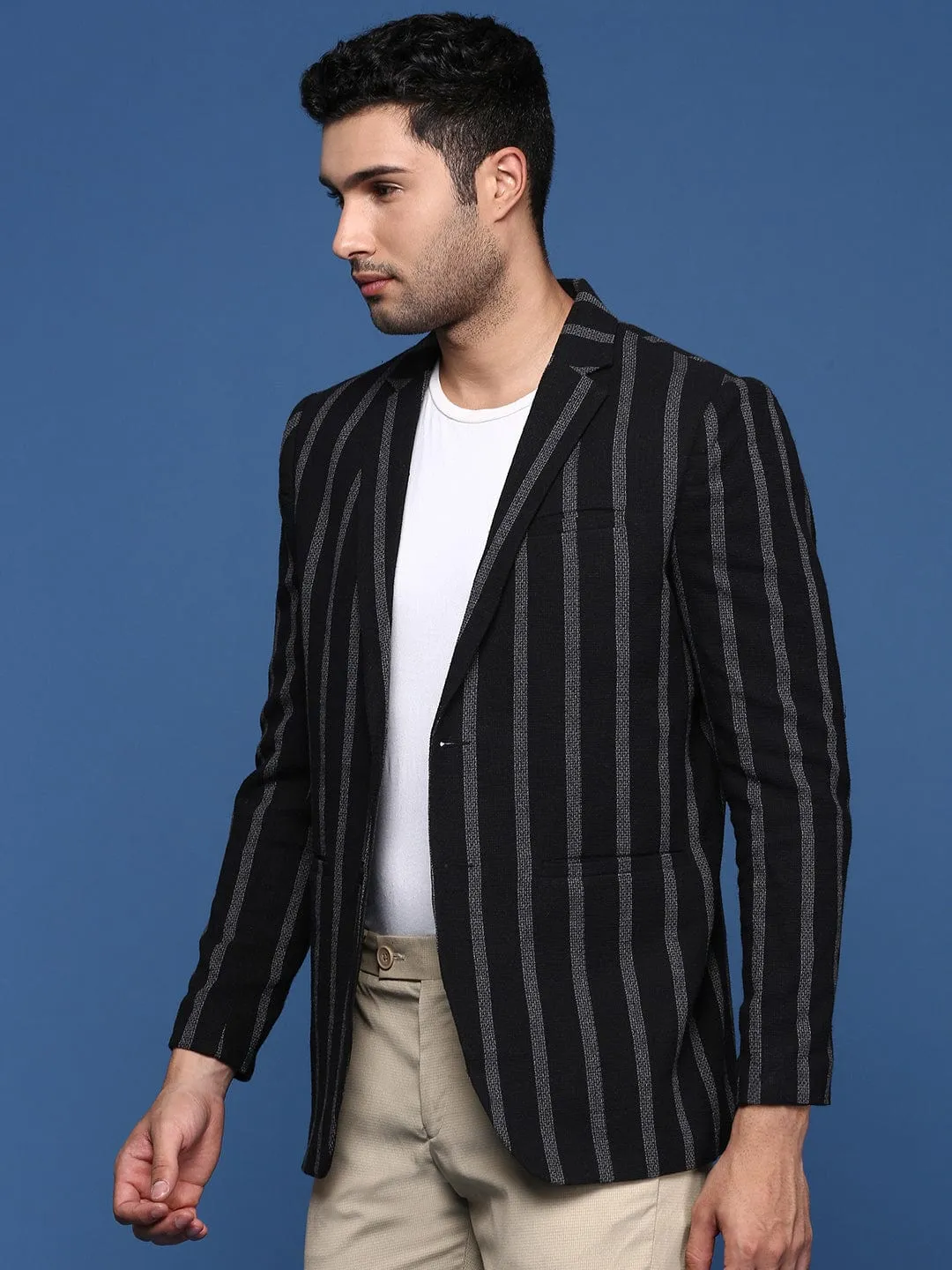 Men Black Striped Single Breasted Slim Fit Blazer