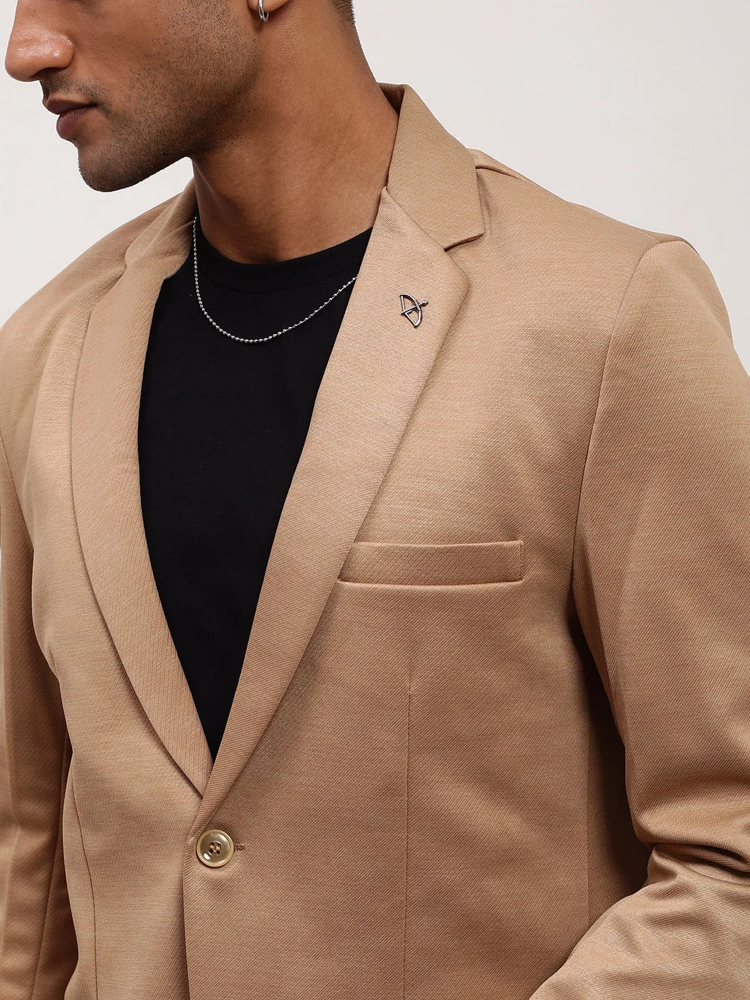 Men Brown Solid Single Breasted Slim Fit Blazer