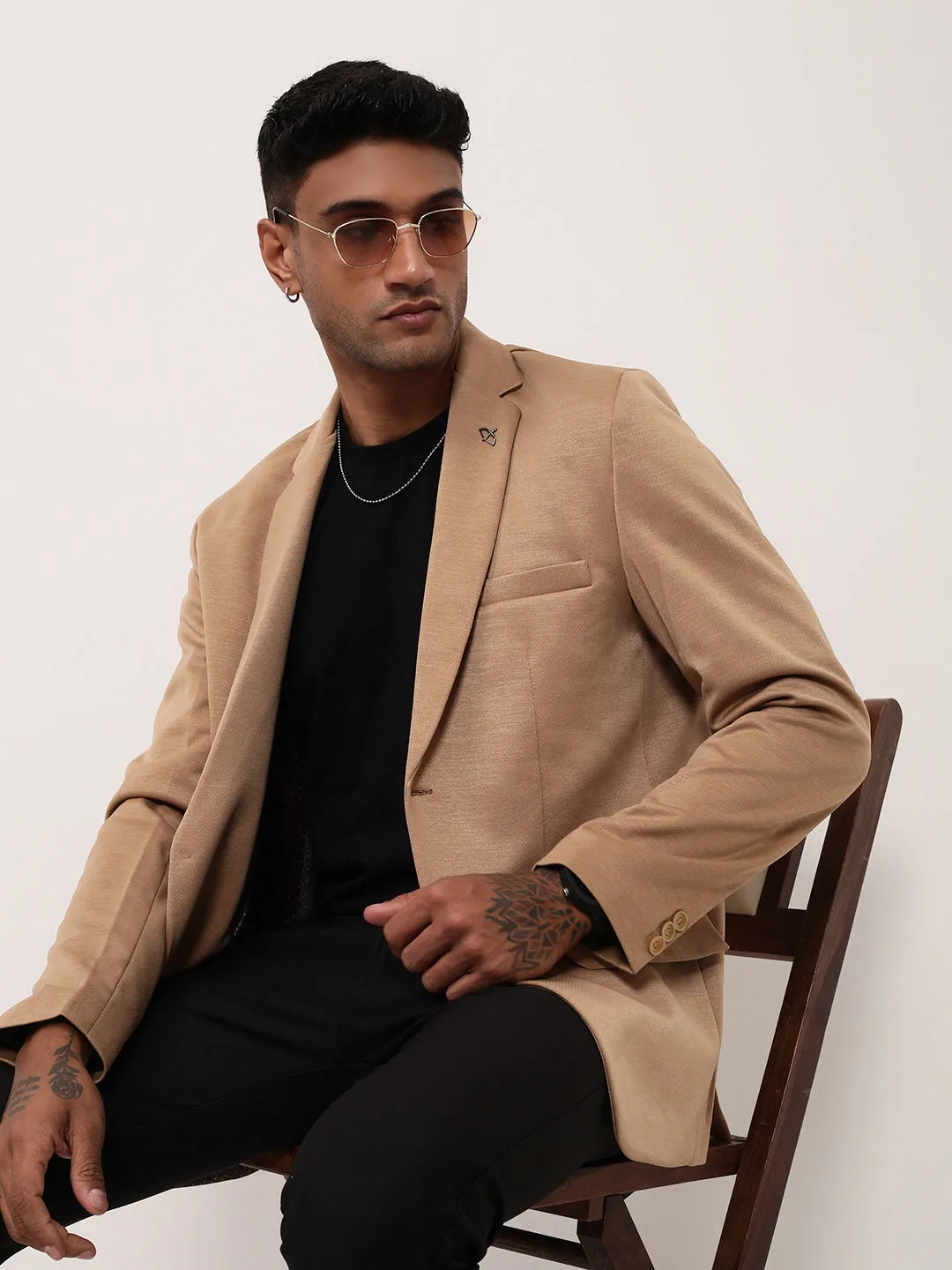 Men Brown Solid Single Breasted Slim Fit Blazer