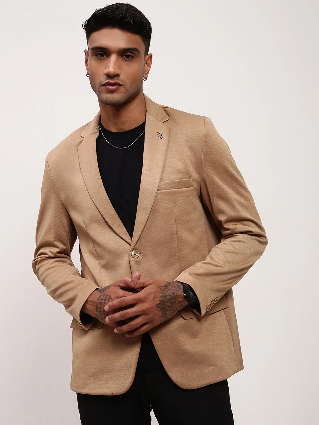 Men Brown Solid Single Breasted Slim Fit Blazer