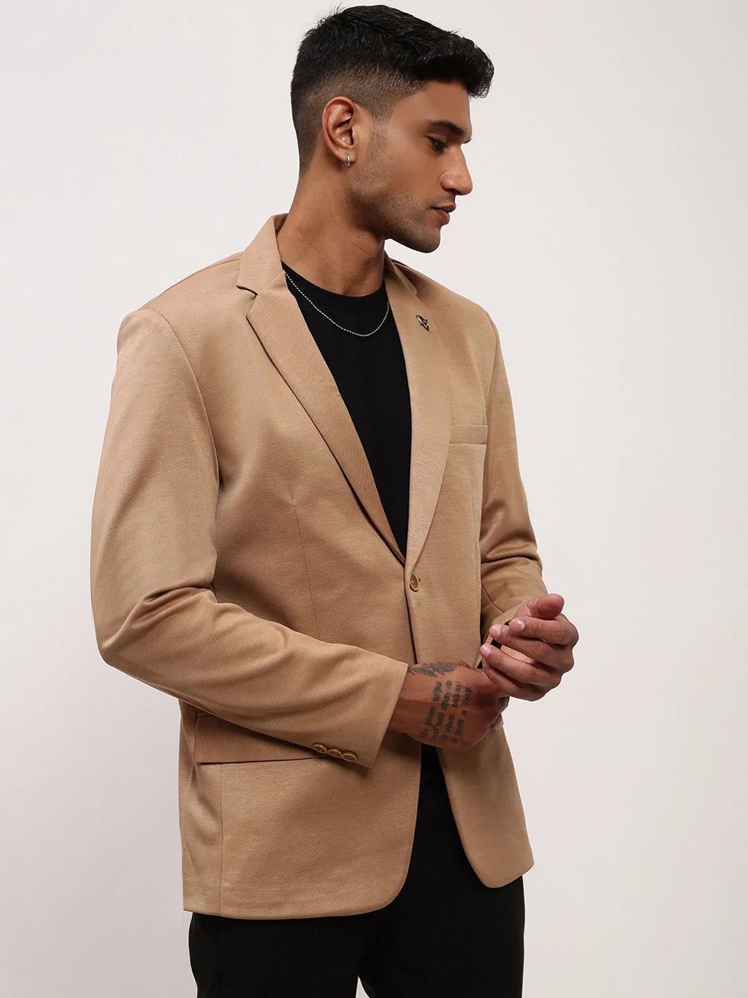 Men Brown Solid Single Breasted Slim Fit Blazer