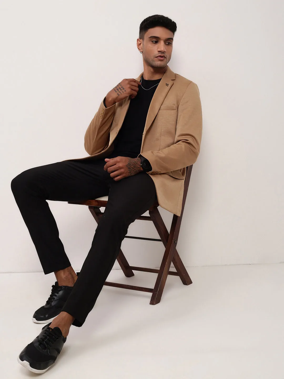 Men Brown Solid Single Breasted Slim Fit Blazer