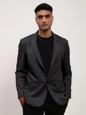 Men Charcoal Self Design Single Breasted Blazer