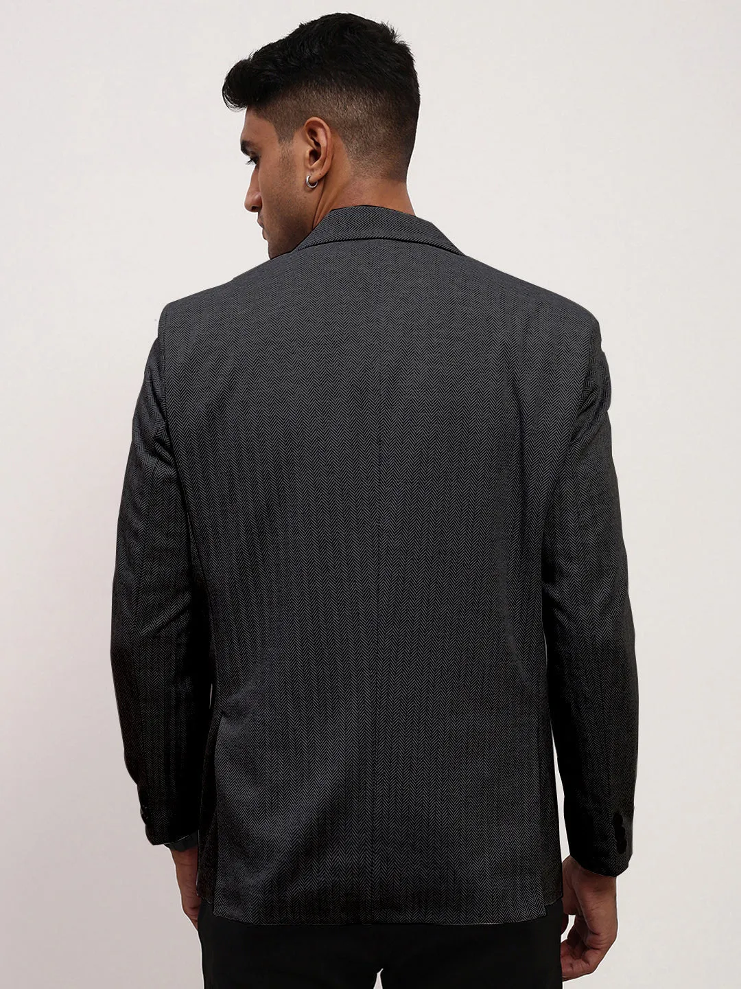 Men Charcoal Self Design Single Breasted Blazer