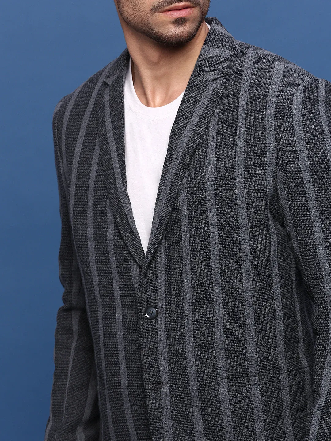 Men Charcoal Slim Fit Single Breasted Blazer