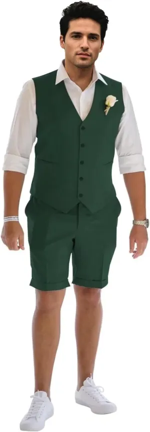 Men's 2 Piece Linen Suit Set Slim Fit Summer Short Suit Vest and Short Pants for Men Beach Wedding Groomsmen Suits