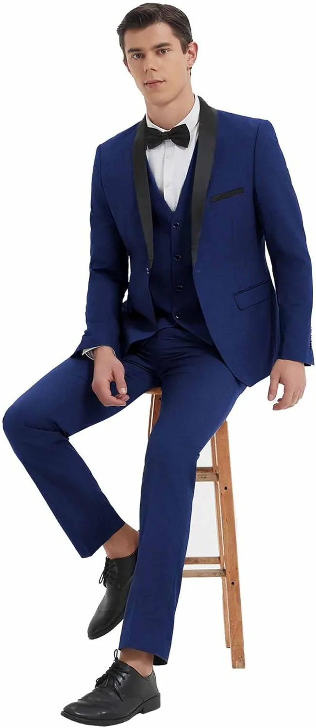 Men's Slim Fit Suit Shawl Lapel with Black Printing Bow Tie 4 Pieces Wedding Prom Dinner Tuxedo Blazer Vest Pants Set