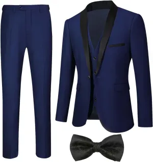 Men's Slim Fit Suit Shawl Lapel with Black Printing Bow Tie 4 Pieces Wedding Prom Dinner Tuxedo Blazer Vest Pants Set