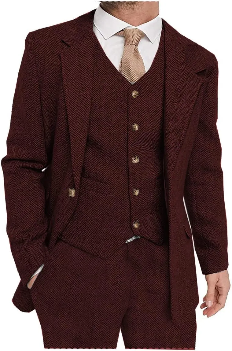 Mens Suit 3 Pieces Formal Tweed Herringbone Dress Suit Prom Tuxedos Groomsmen(Blazer Vest Pant)
