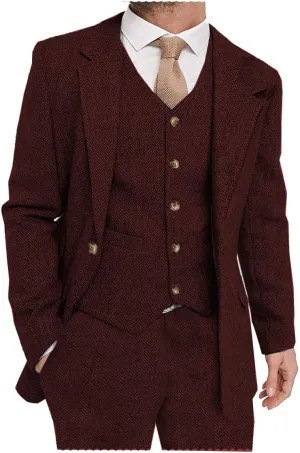 Mens Suit 3 Pieces Formal Tweed Herringbone Dress Suit Prom Tuxedos Groomsmen(Blazer Vest Pant)