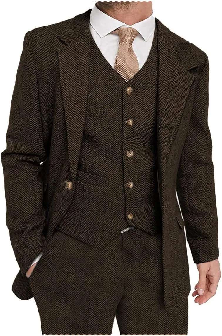 Mens Suit 3 Pieces Formal Tweed Herringbone Dress Suit Prom Tuxedos Groomsmen(Blazer Vest Pant)