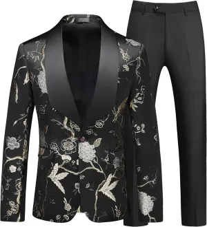 MOGU Mens 3 Piece Suit Slim Fit Tuxedo Floral Print Jacket Vest Pants Set for Wedding Prom Dinner