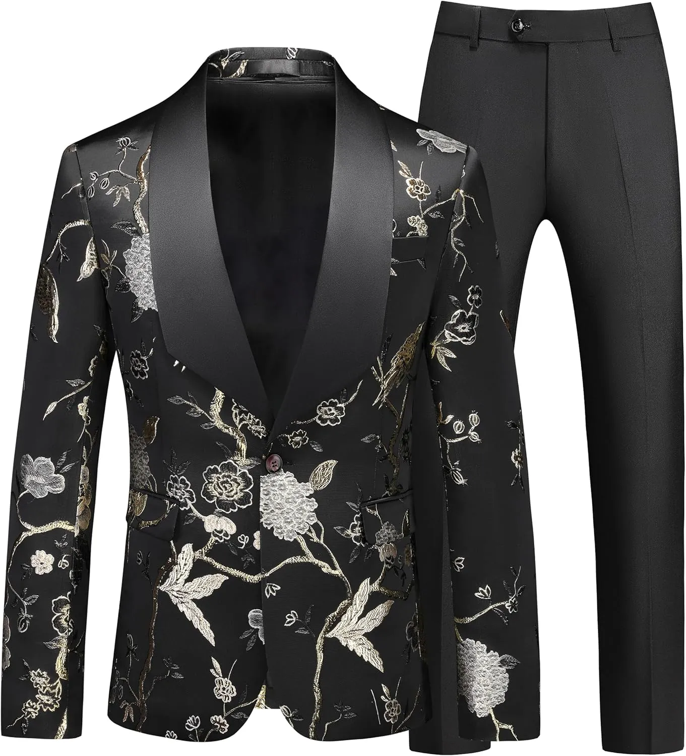 MOGU Mens 3 Piece Suit Slim Fit Tuxedo Floral Print Jacket Vest Pants Set for Wedding Prom Dinner