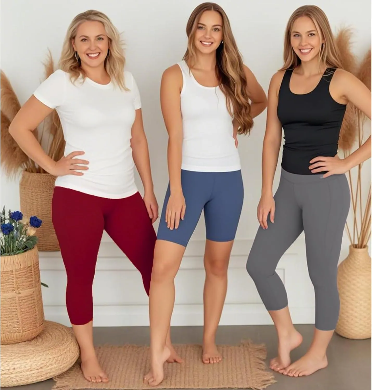 NEW YOUNG 3 Pack Capri Leggings for Women with Pockets-High Waisted Tummy Control Workout Gym Yoga Pants