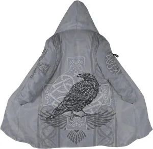 Odin Raven Men Viking Hooded Coat, Nordic Faux Cashmere Cloak 3D Printed Overcoat Winter Mid-Length Parka Jacket