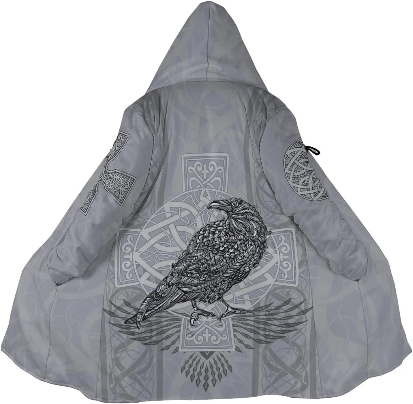Odin Raven Men Viking Hooded Coat, Nordic Faux Cashmere Cloak 3D Printed Overcoat Winter Mid-Length Parka Jacket