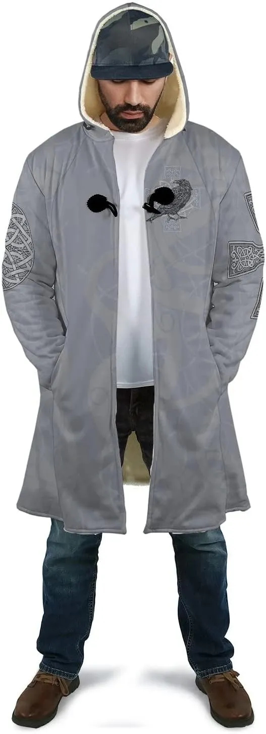 Odin Raven Men Viking Hooded Coat, Nordic Faux Cashmere Cloak 3D Printed Overcoat Winter Mid-Length Parka Jacket