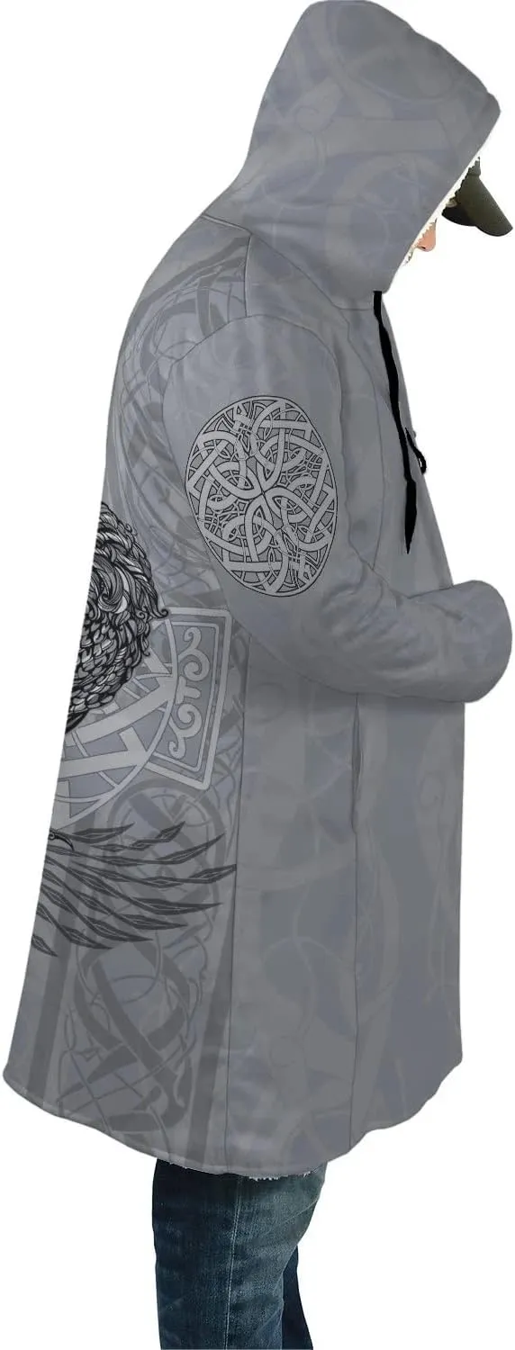 Odin Raven Men Viking Hooded Coat, Nordic Faux Cashmere Cloak 3D Printed Overcoat Winter Mid-Length Parka Jacket